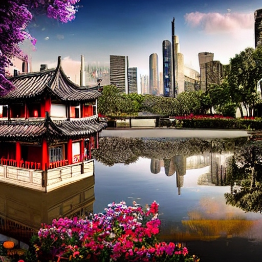 Chinesischer Garten in einer Großstadt (erstellt mit Cute Creature Generator)